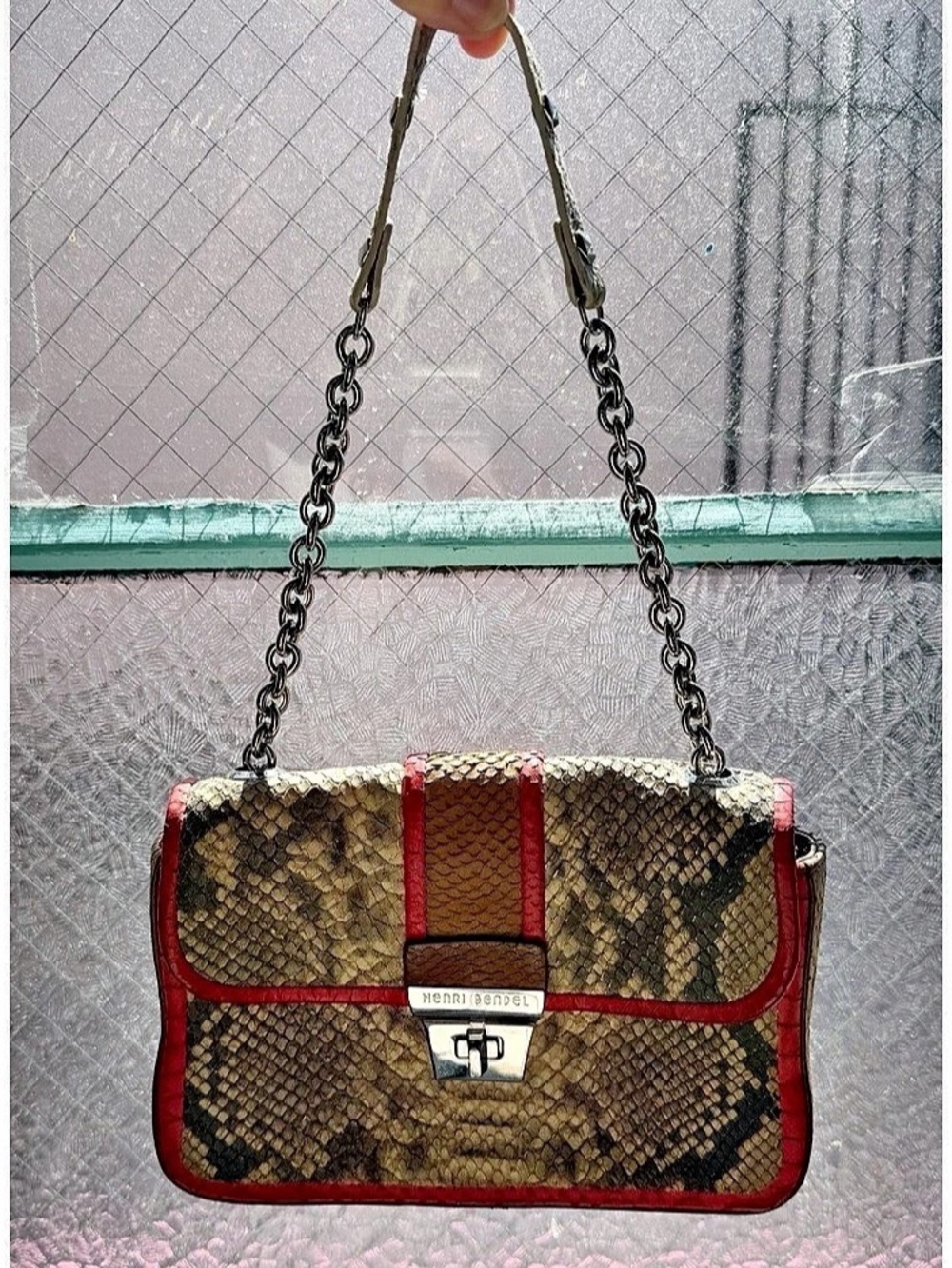 Henri Bendel Snakeskin Leather Shoulder Bag in Beige & Red